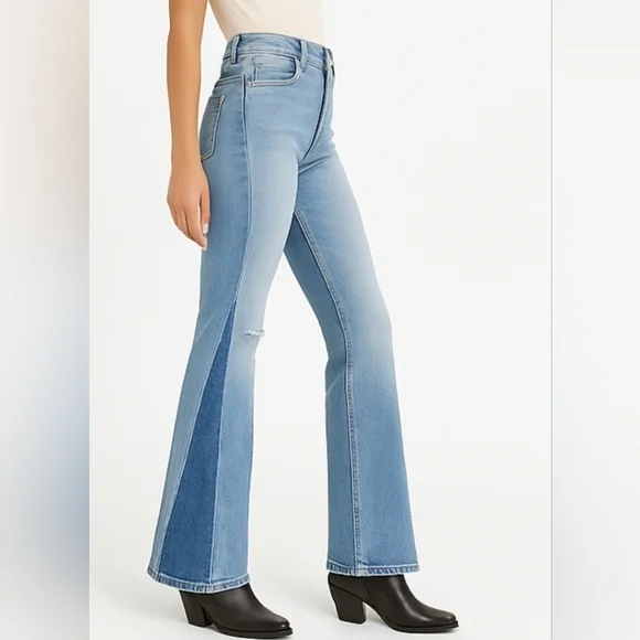 NEW Hudson Faye Jeans | Ultra High Rise Flare | Two-Tone Distressed Denim Sz 31 - Picture 1 of 16